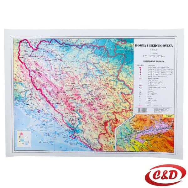 Geografska karta Bosne i Hercegovine na papiru dimenzija 46 × 33 cm
