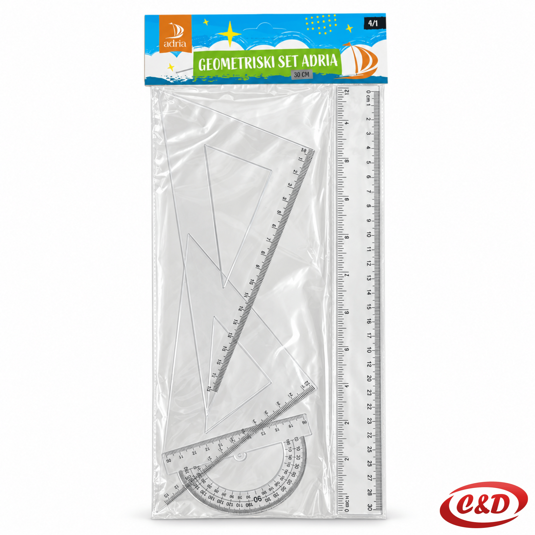 Adria geometrijski set 4/1 od prozirne plastike s ravnalom 30 cm