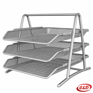 Srebrni metalni mesh stalak za dokumente s tri izvlačne ladice za A4 papir dimenzija 35 × 28 × 27,5 cm