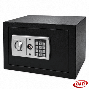 Crni čelični sef s elektroničkom digitalnom bravom i tipkovnicom dimenzija 36 × 25 × 25 cm