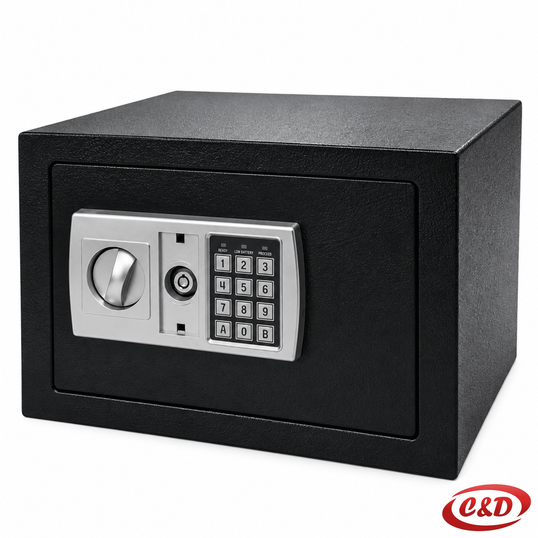 Crni čelični sef s elektroničkom digitalnom bravom i tipkovnicom dimenzija 36 × 25 × 25 cm