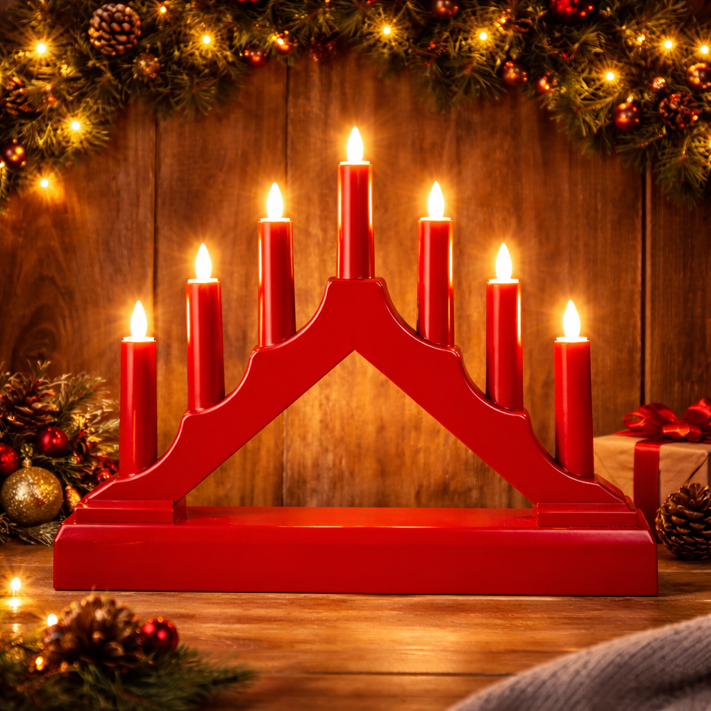 LED božićni svijećnjak, crvene boje, 7 LED svjetala, dimenzija 16 × 4 × 13 cm, baterijsko napajanje.