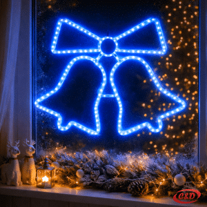 Svjetleća LED dekoracija zvona dimenzija 57 × 44 cm s plavim LED lampicama i električnim napajanjem