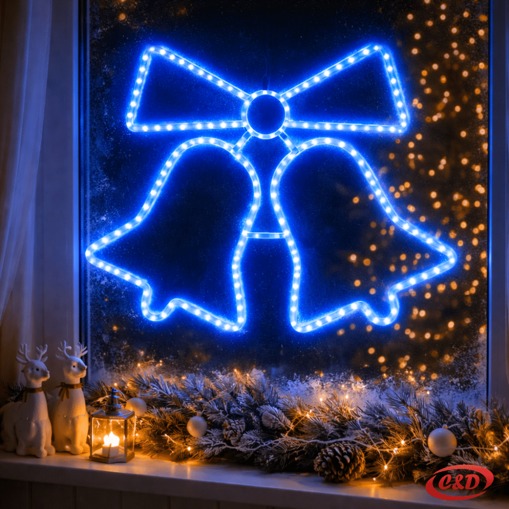 Svjetleća LED dekoracija zvona dimenzija 57 × 44 cm s plavim LED lampicama i električnim napajanjem