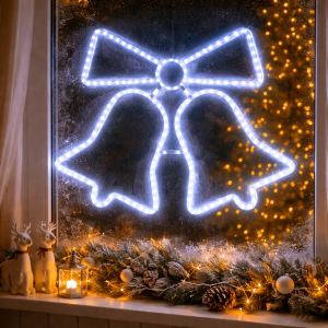 Svjetleća LED dekoracija zvona dimenzija 57 × 44 cm s plavim LED lampicama i električnim napajanjem