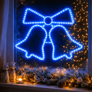 Svjetleća LED dekoracija zvona dimenzija 57 × 44 cm s plavim LED lampicama i električnim napajanjem