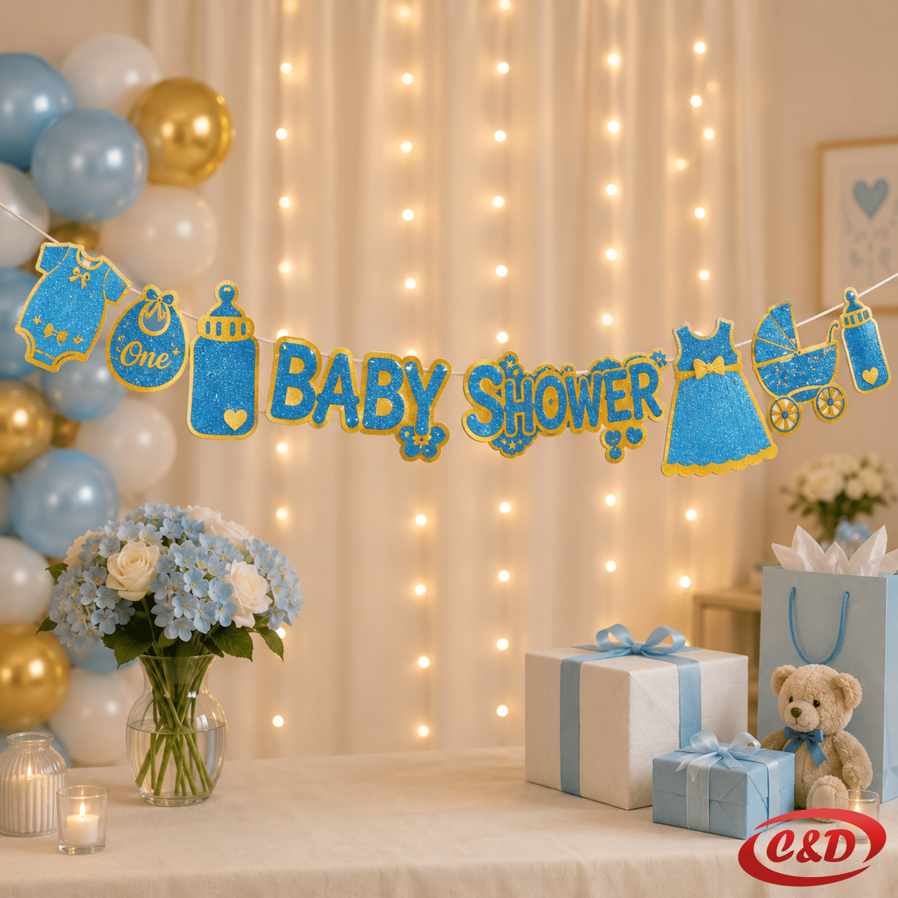 Baby Shower papirni natpis u plavoj boji za dekoraciju proslave