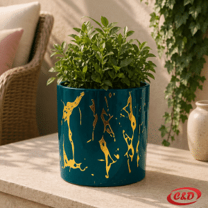 keramička zelena vaza sa zlatnim detaljima 8 cm promjer 10 cm visina