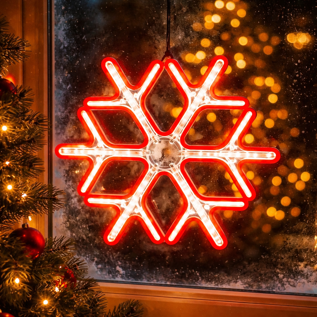 LED Neon crvena pahulja Ø60 cm, 600 LED lampica, hladno bijele svjetlucave diode, električni priključak