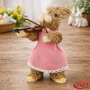 slamnati zeko roza haljinica violina dekoracija 20 cm