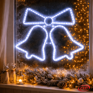 Svjetleća LED dekoracija zvona dimenzija 57 × 44 cm s plavim LED lampicama i električnim napajanjem