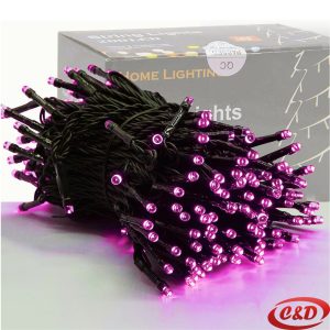 LED lampice mravi dužine 10 m sa 100 pink LED lampica i zelenim kablom, priključene na električni utikač, za unutrašnju dekorativnu rasvjetu.