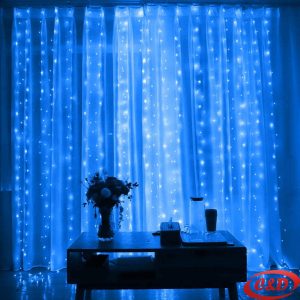 LED zavjesa 3 × 2 m sa 10 krakova i plavim LED lampicama, bijeli kabel, električni utikač
