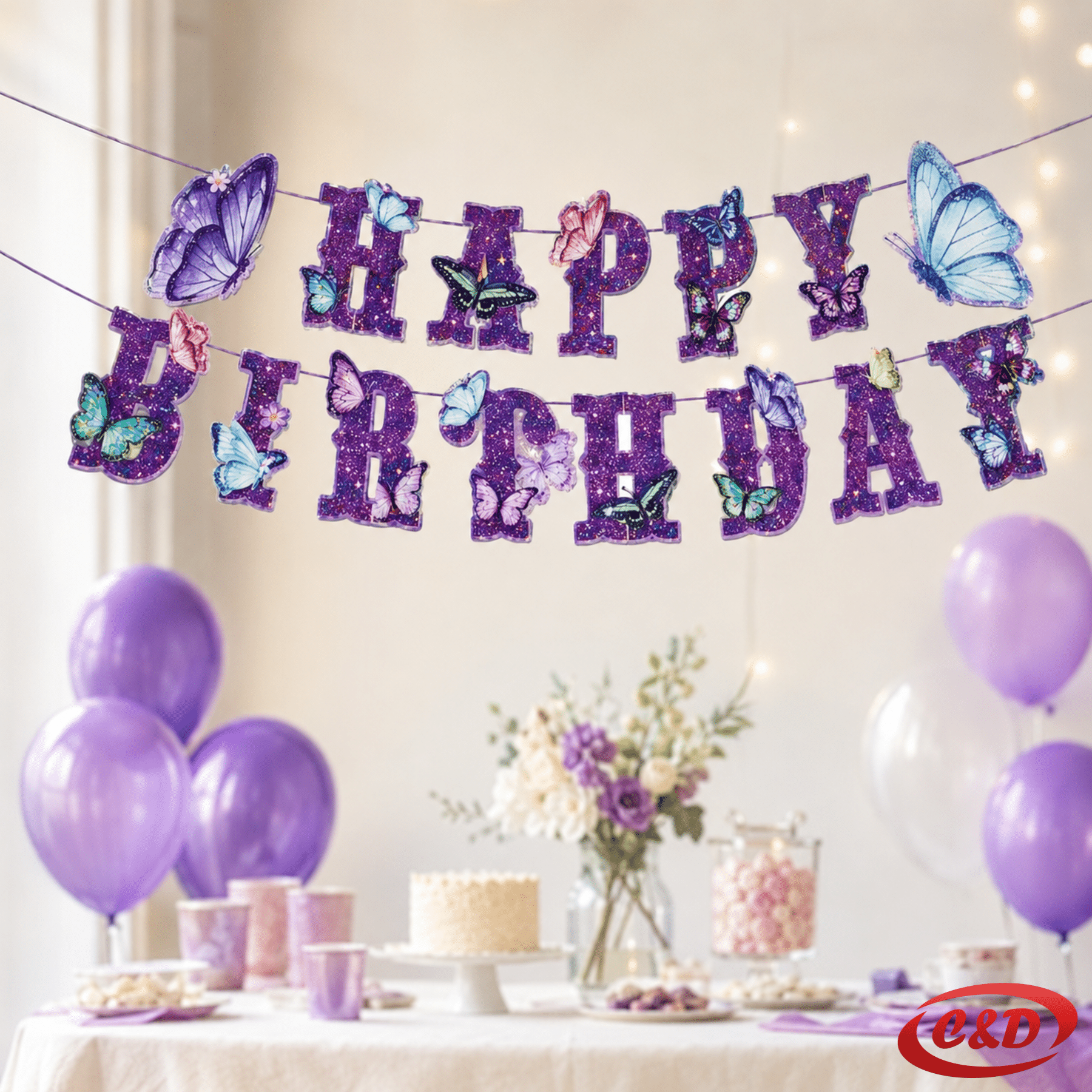 ljubičasti Happy Birthday natpis s leptirima i šljokicama za rođendansku dekoraciju