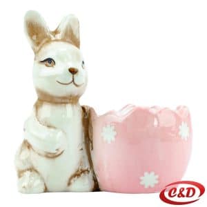 Keramički uskrsni zeko sa rozom posudom 10x10 cm bijela dekoracija