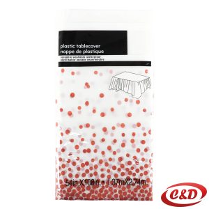 Bijeli stolnjak s crvenim točkicama dimenzija 137x274 cm na blagovaonskom stolu