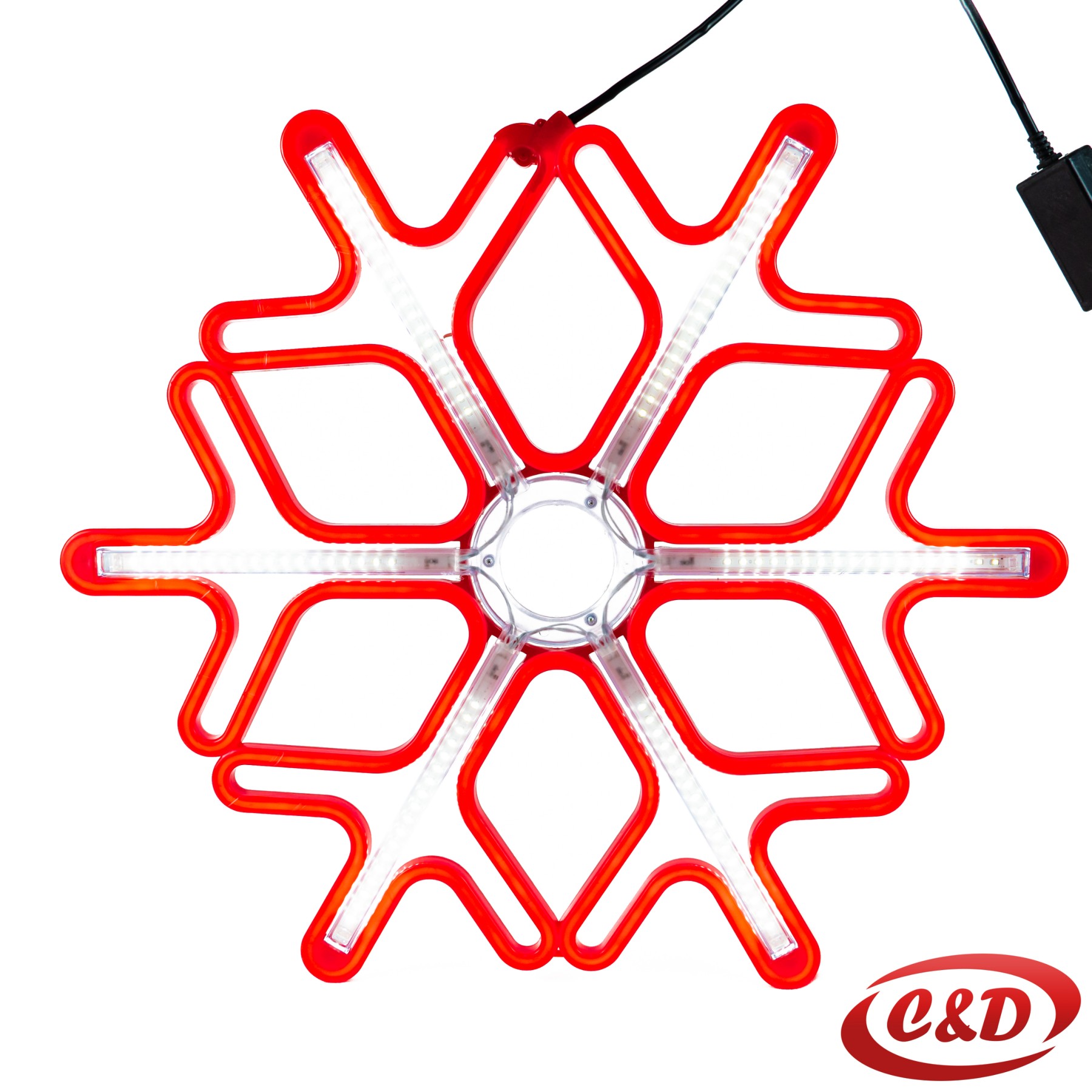 LED Neon crvena pahulja Ø60 cm, 600 LED lampica, hladno bijele svjetlucave diode, električni priključak