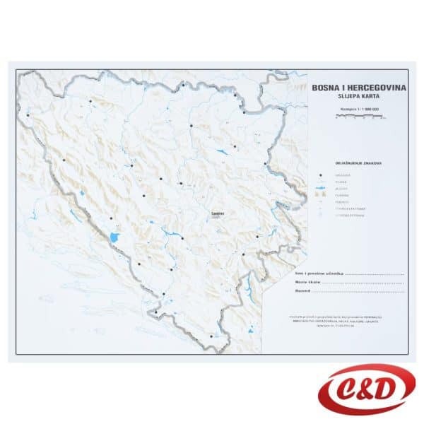 Slijepa karta Bosne i Hercegovine na bijelom papiru dimenzija 45 × 35 cm