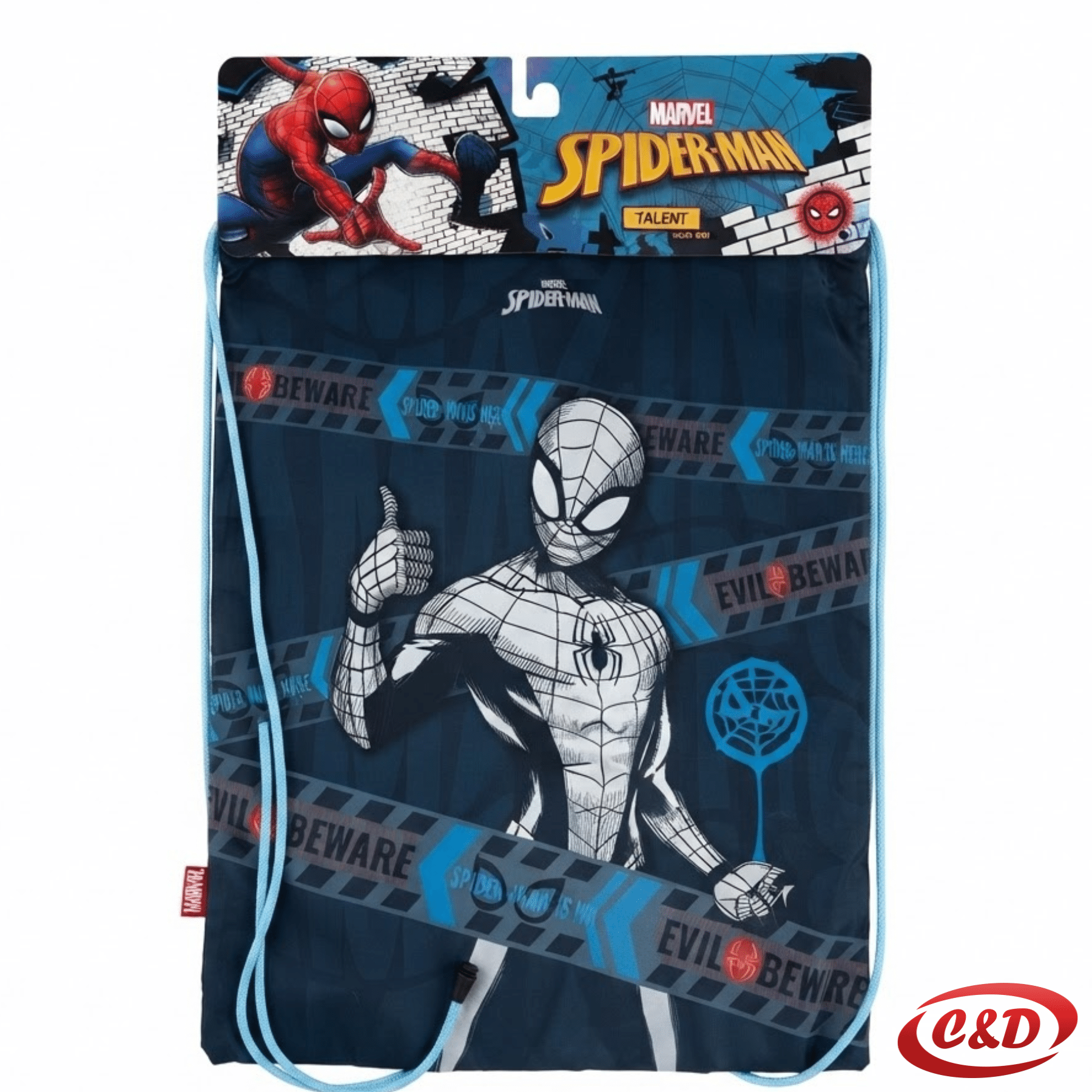 Plavo-crno-siva poliesterska Spider-Man vrećica za sportsku opremu sa špagama za zatezanje dimenzija 40 × 30 cm