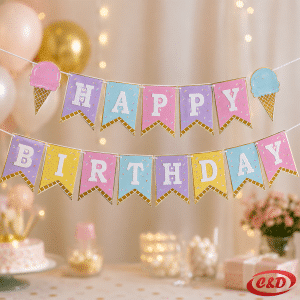 party natpis Happy Birthday s motivom sladoleda u više boja