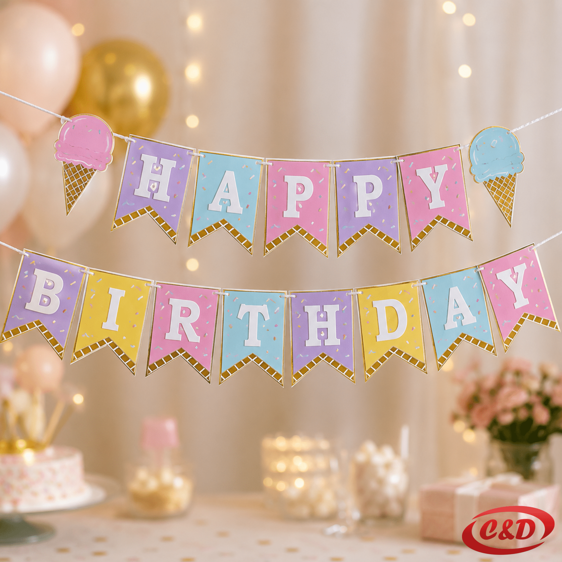 party natpis Happy Birthday s motivom sladoleda u više boja