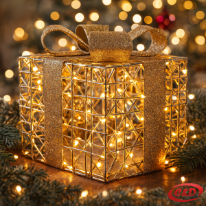 Svetleći zlatni poklon 22×22×22 cm s toplim LED svjetlom.