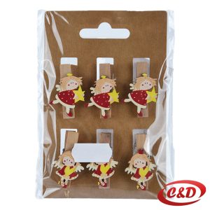 Božićne drvene štipaljke u obliku anđela 3 cm, set od 6 komada, dekorativne mini štipaljke.