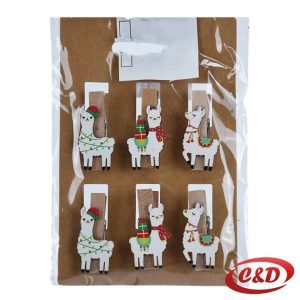 Božićne drvene štipaljke u obliku ljame 3 cm, set od 6 komada, dekorativne mini štipaljke.
