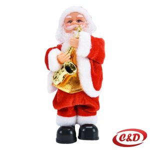 Muzički Djed Mraz visine 30 cm koji svira zlatni saksofon.