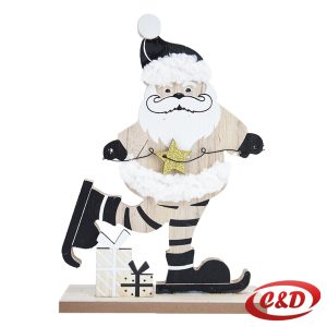 Drveni ukras Djed Mraz na klizaljkama, visine 25 cm.