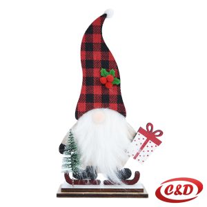 Drveni božićni patuljak visine 25 cm u crveno-bijeloj boji.