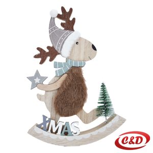 Drveni božićni ukras jelen visine 20 cm u zelenoj i smeđoj boji.