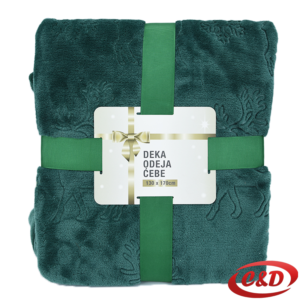 Božićna tamnozelena deka 130×170 cm sa motivom jelena.