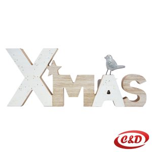 Drveni XMAS natpis u bež, smeđoj i zlatnoj boji, dimenzija 28×13 cm.