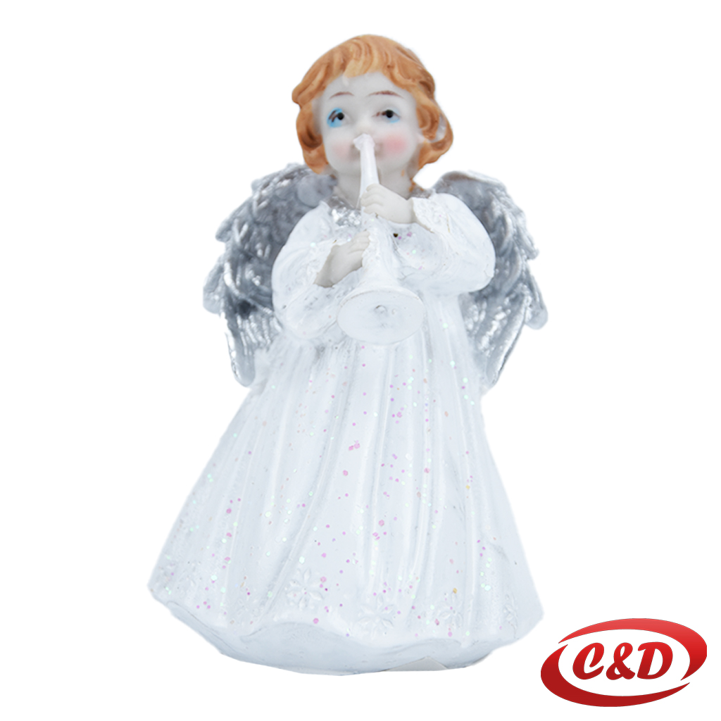 Bijelo-srebrni gipsani anđeo, visine 12 cm, dekorativna figurica