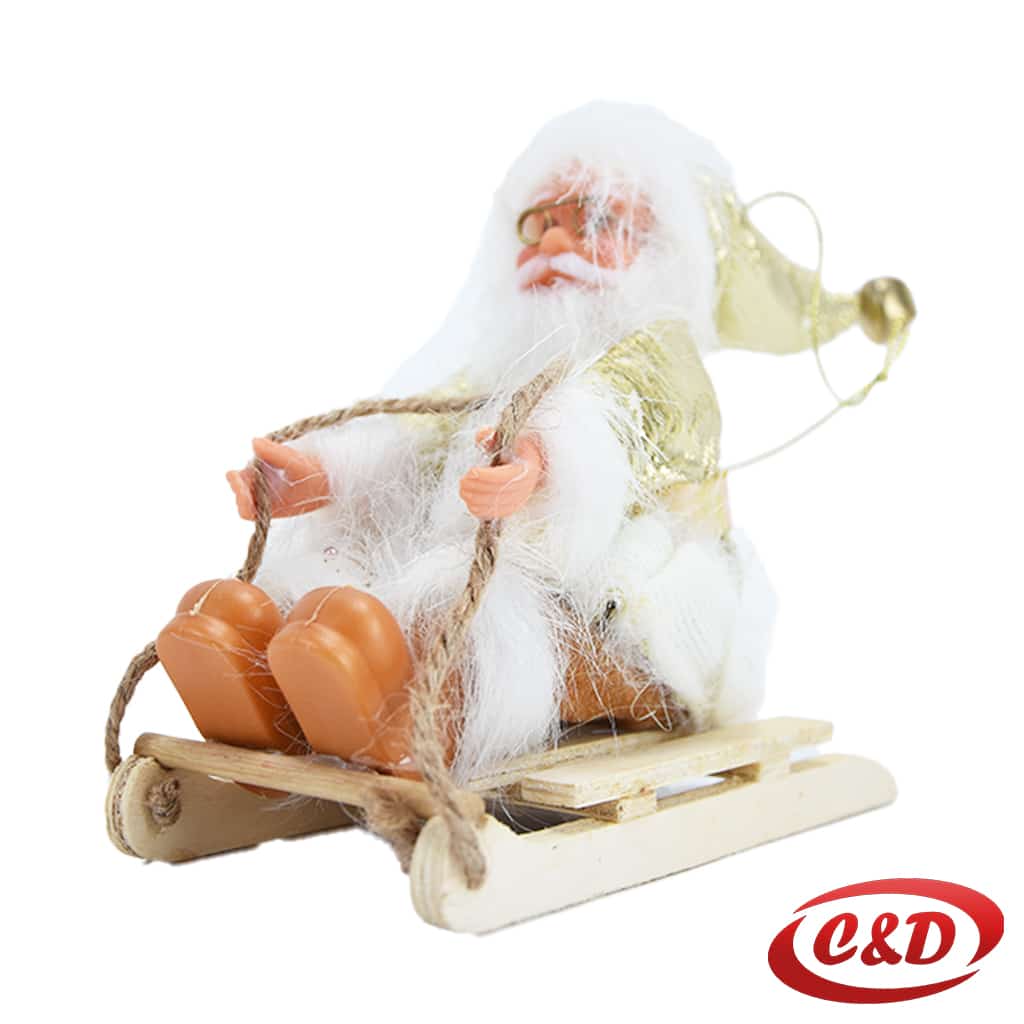 Božićni ukras Djed Mraz na drvenim saonicama, 18 cm, zlatna boja.
