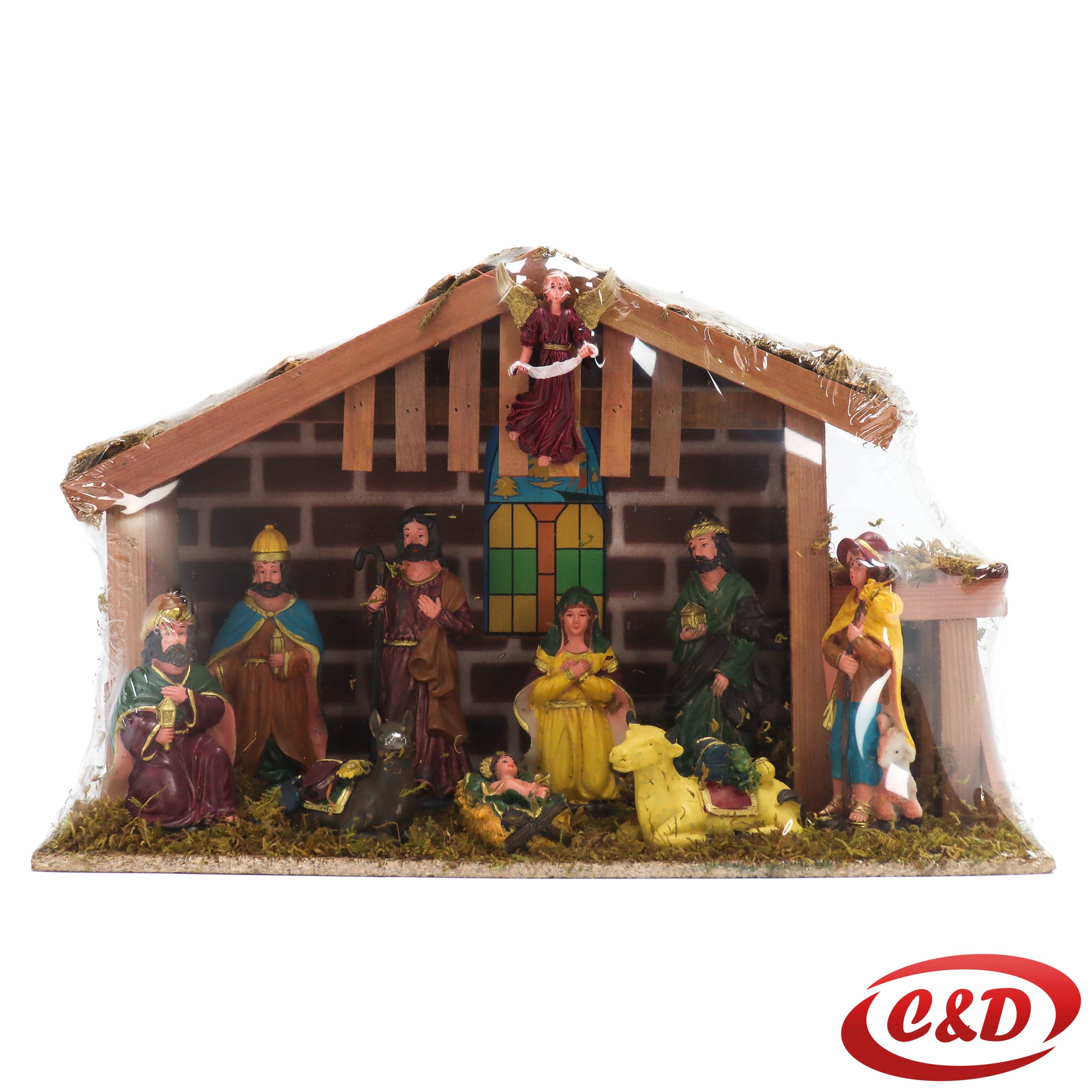 Velike božićne jasle sa drvenom stajicom i figurama visine 13 cm.