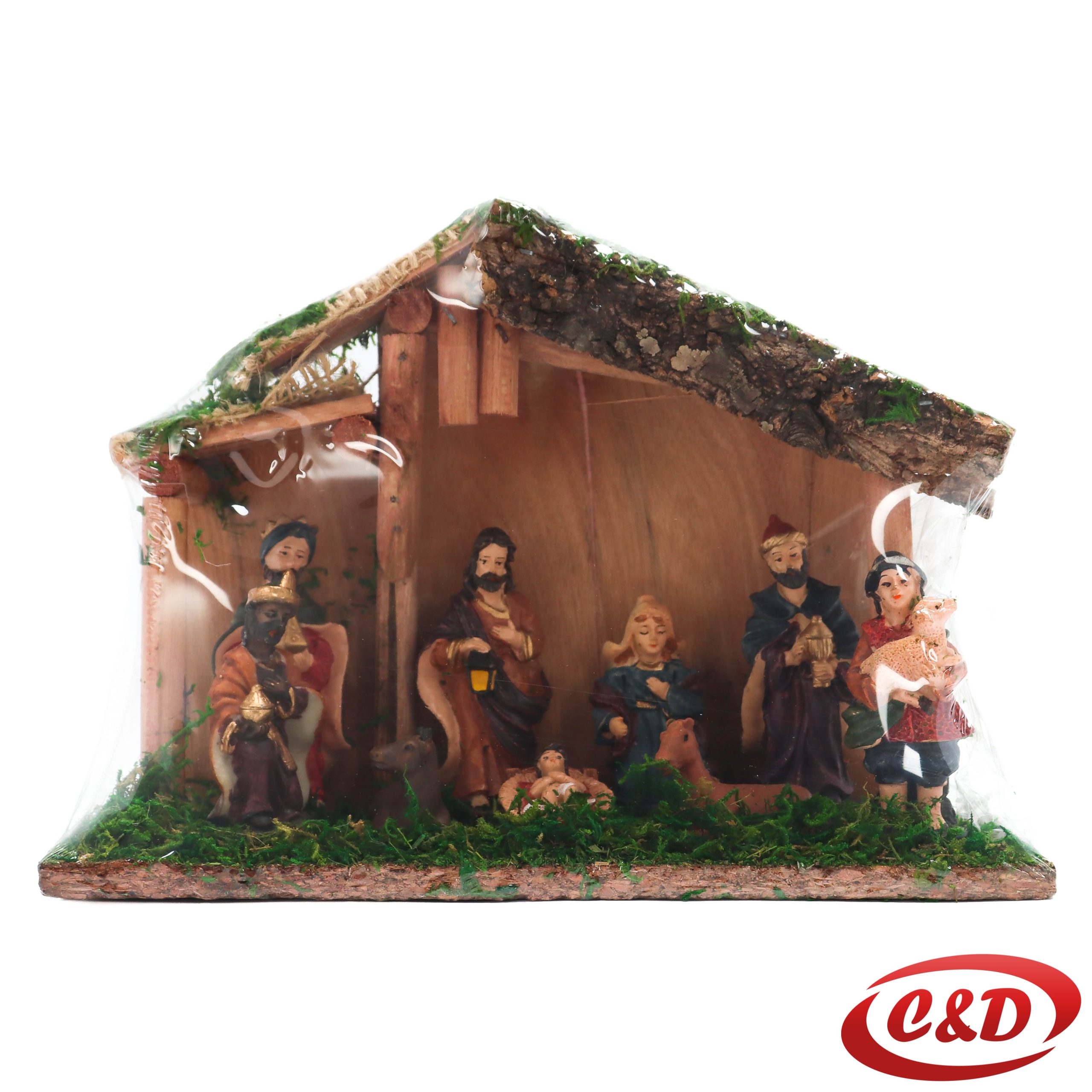 Božićne jasle sa drvenom stajicom 25×10×18 cm i figurama visine 7 cm.