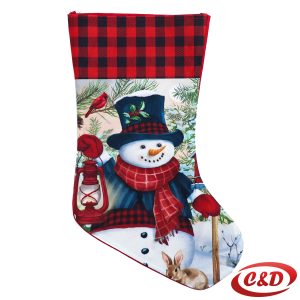 Božićna čarapa čizma crvene boje s motivom snješka, dimenzija 50×30 cm.