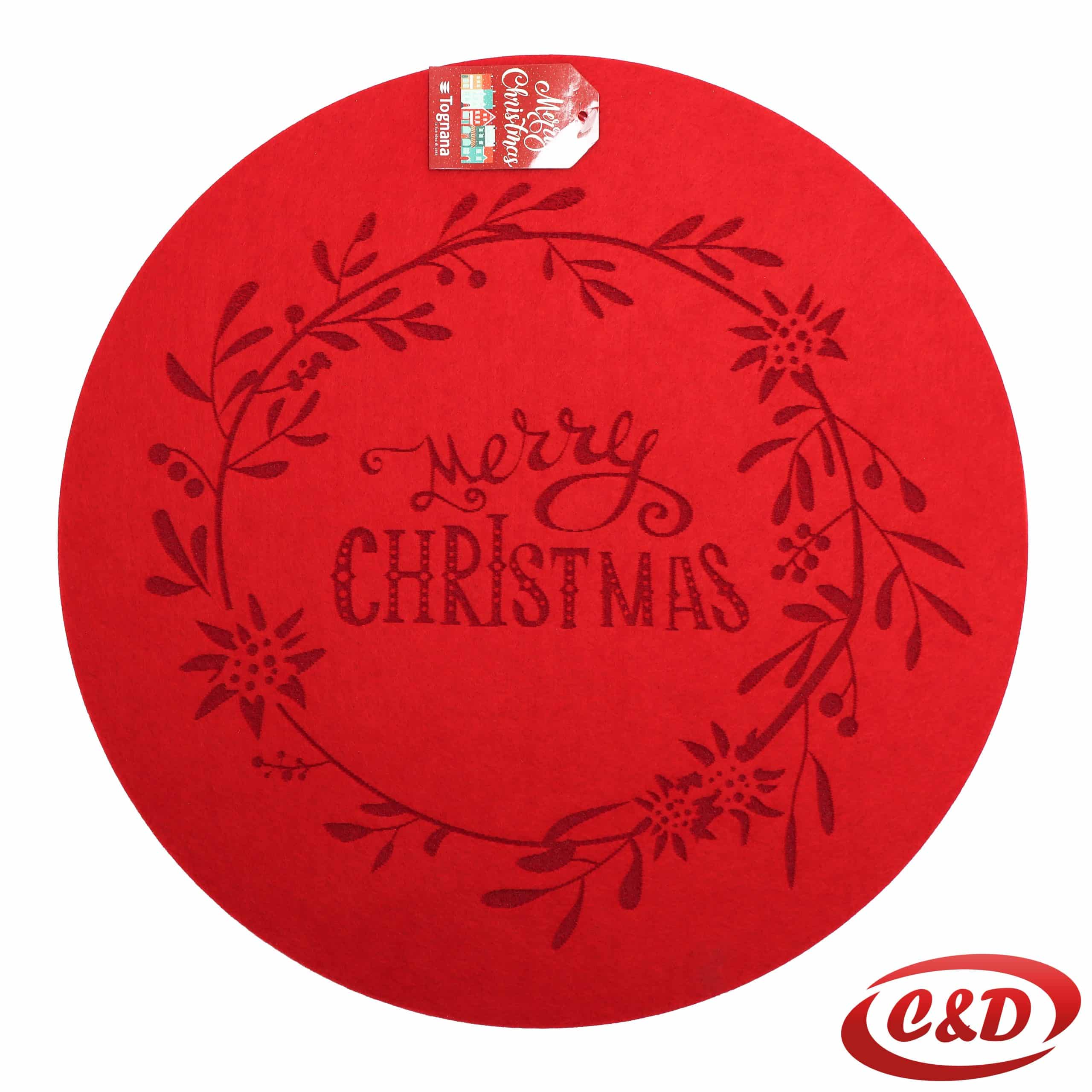 Okrugli crveni podmetač promjera 40 cm s natpisom Merry Christmas. Savršen za blagdanske stolove, dekor i topli praznični ambijent. CID.ba