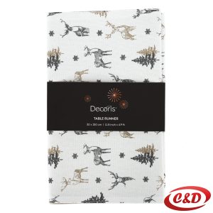 Božićni stolnjak 300×150 cm u bijeloj boji sa sivim i zlatnim jelenima.