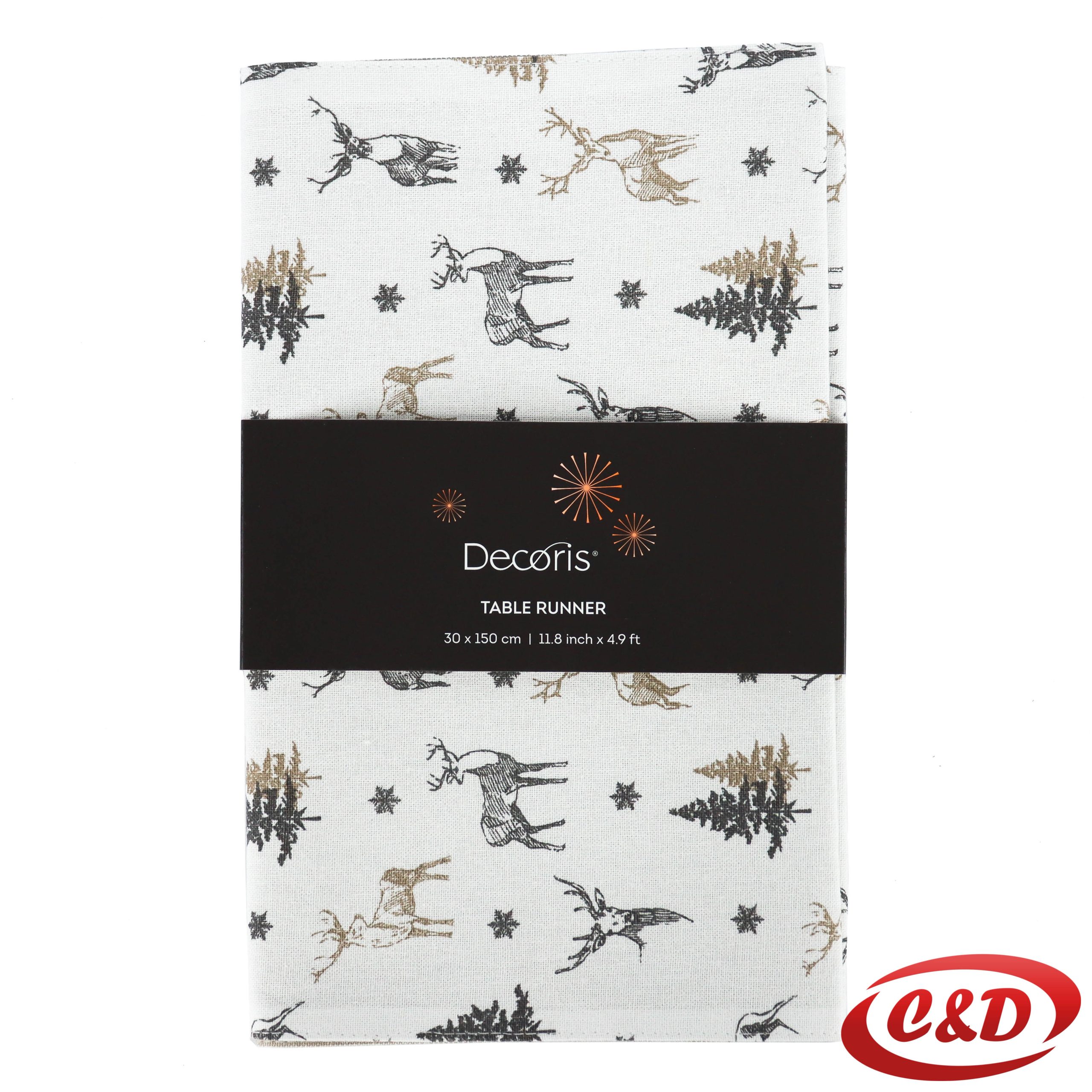 Božićni stolnjak 300×150 cm u bijeloj boji sa sivim i zlatnim jelenima.