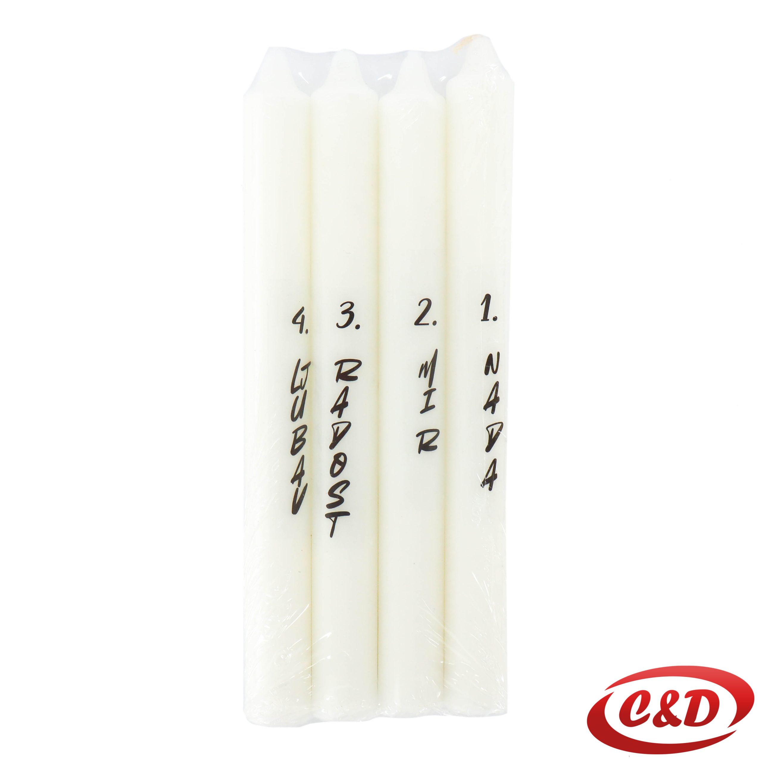 Set od 4 bijele adventske svijeće visine 20 cm s natpisima Nada, Mir, Radost i Ljubav.