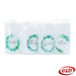 Set od 4 bijele/zelene adventske svijeće visine 9 cm s natpisima Nada, Mir, Radost i Ljubav