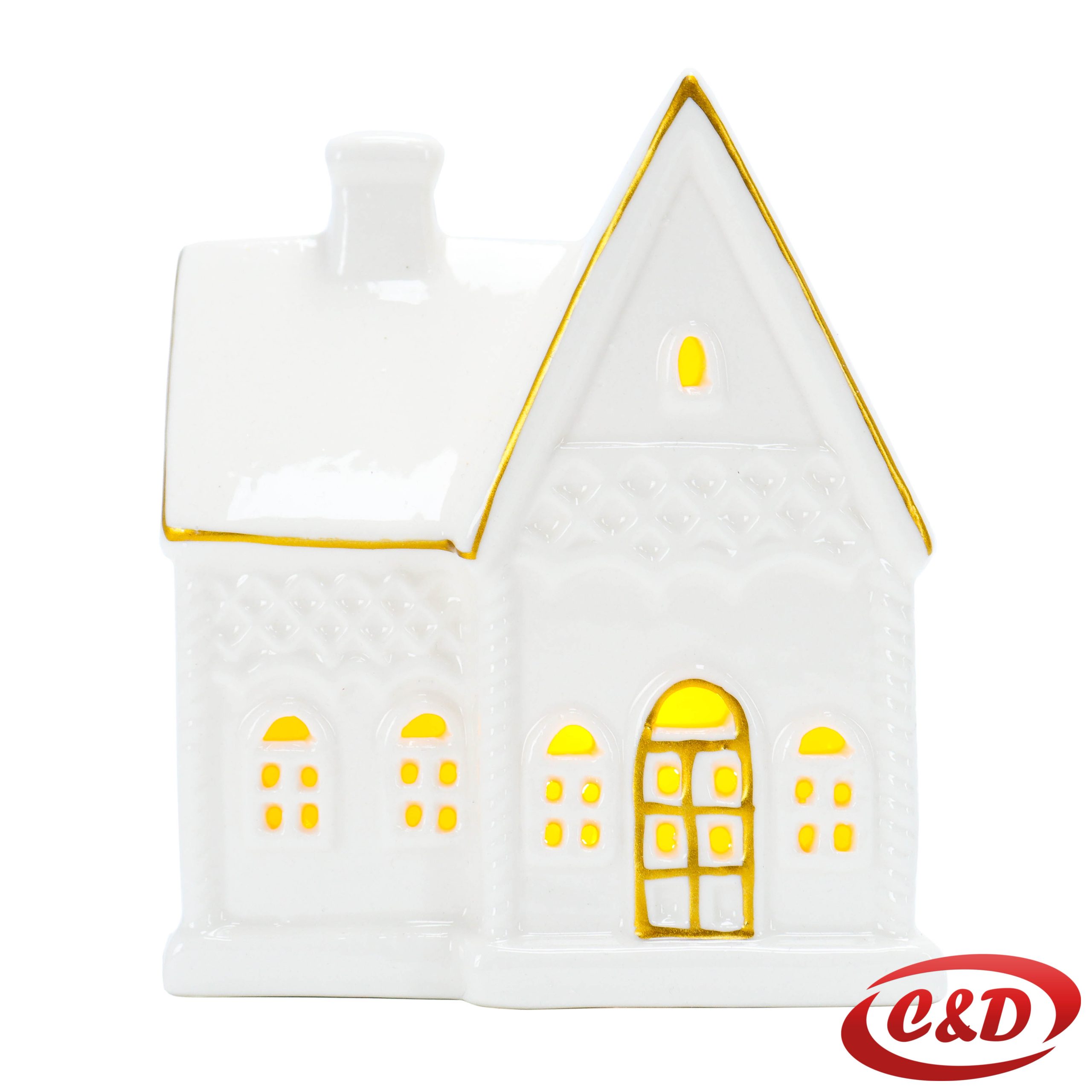 Bijela keramička kućica sa zlatnim detaljima i LED svjetlom, dimenzija 12×10×6 cm.