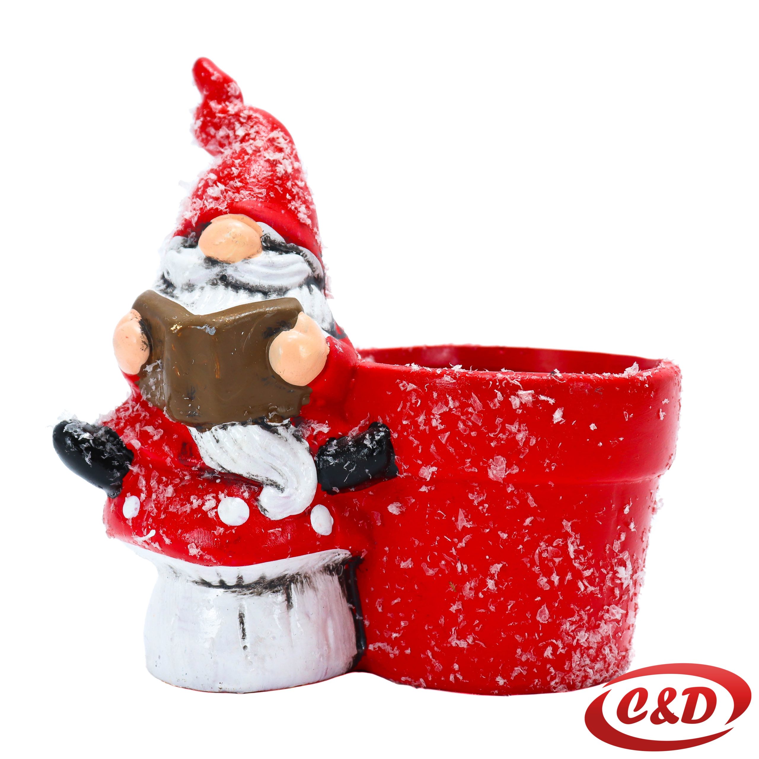 Keramička crvena posuda s patuljkom koji sjedi i čita knjigu 12×8 cm.