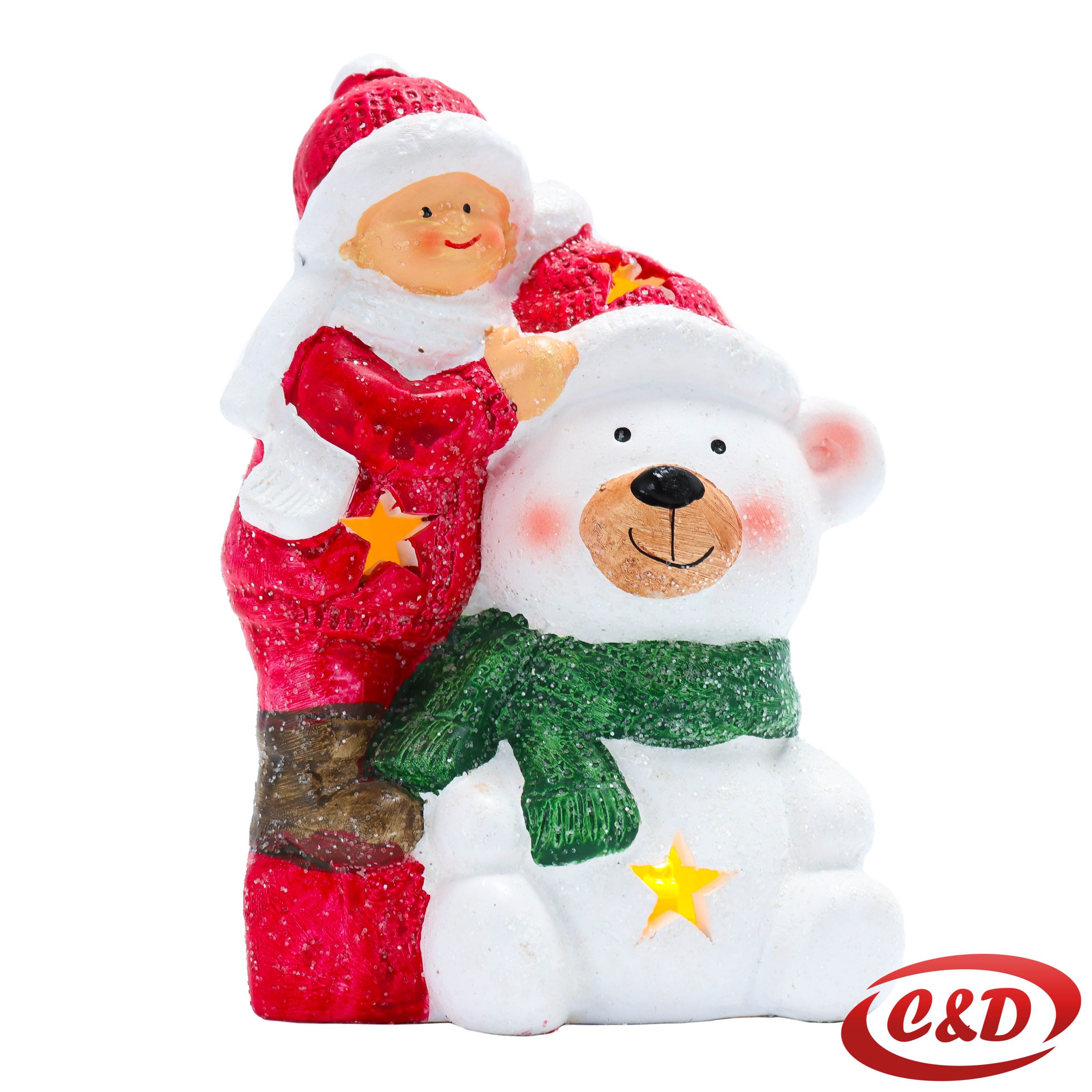 Svjetleći keramički božićni ukras – dječak u crvenom odijelu i bijeli medo, 15 cm.