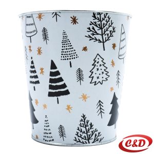 Božićna metalna posuda bijele boje sa crvenim zvijezdama i crnim borovima, 13×13 cm.