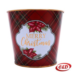 Crvena metalna posuda s natpisom Merry Christmas, dimenzija 12×13 cm.