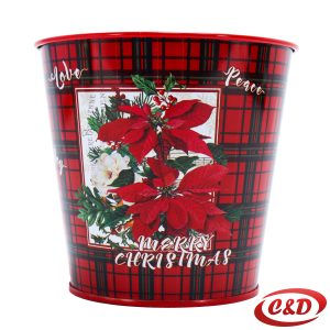 Crvena metalna božićna posuda s natpisom Merry Christmas i božićnom zvijezdom, dimenzija 12×13 cm.